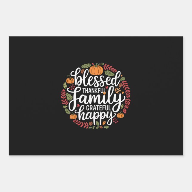 Blessed Thankful Family Thanksgiving Dinner Wrapping Paper Sheets (Front)