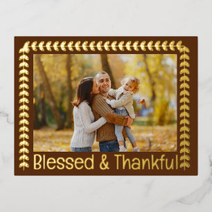 Blessed & Thankful Leaf Bordered Foil Holiday Card