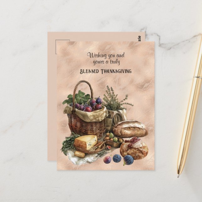 Blessed Thanksgiving Bread Cheese and Grapes Postcard (Front/Back In Situ)