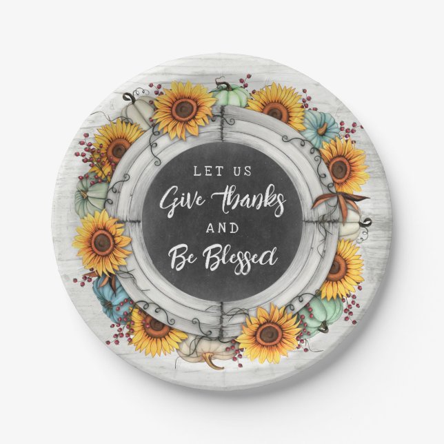 Blessed Thanksgiving Fall Sunflowers Family Dinner Paper Plates (Front)