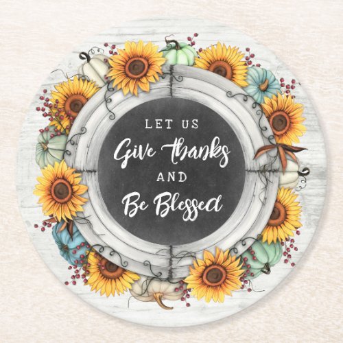 Blessed Thanksgiving Fall Sunflowers Family Dinner Round Paper Coaster