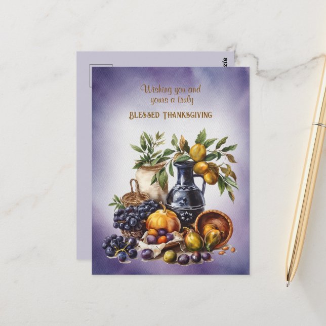 Blessed Thanksgiving Wine and Fruit Bowls Postcard (Front/Back In Situ)