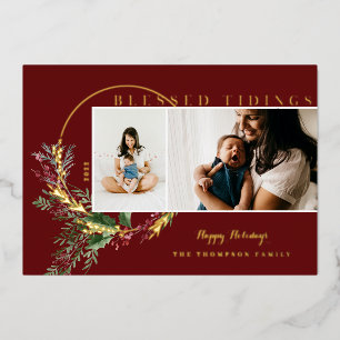 Blessed Tidings Watercolor Greenery Wreath Photos Foil Holiday Card