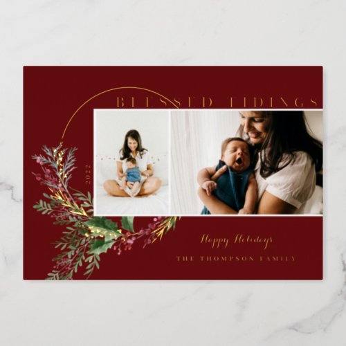 Blessed Tidings Watercolor Greenery Wreath Photos Foil Holiday Card