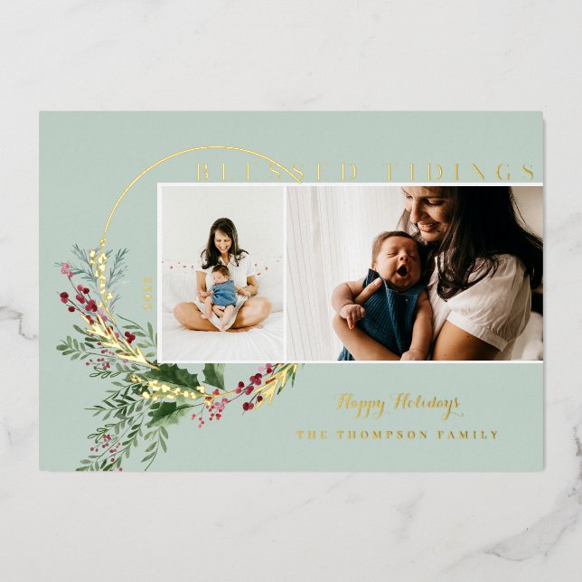 Blessed Tidings Watercolor Greenery Wreath Photos Foil Holiday Card (Front)