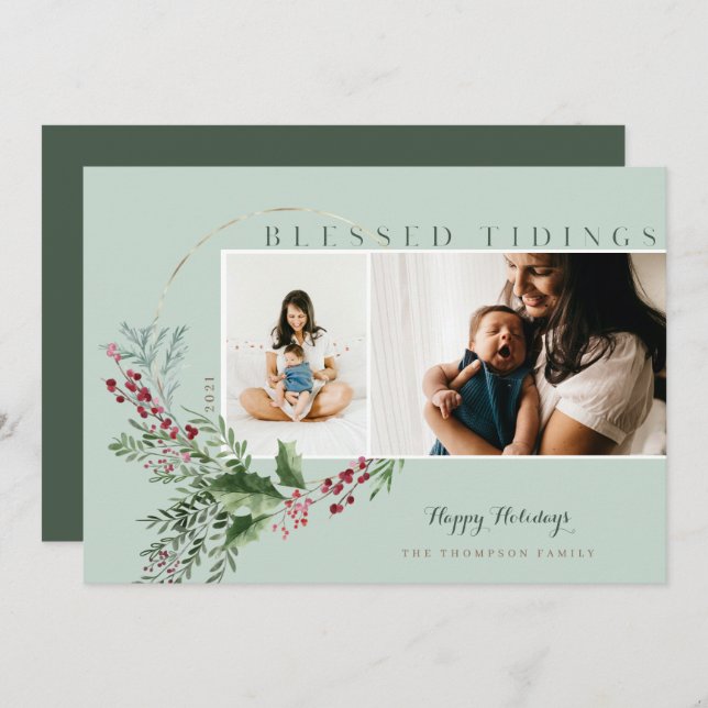 Blessed Tidings Watercolor Greenery Wreath Photos Holiday Card (Front/Back)