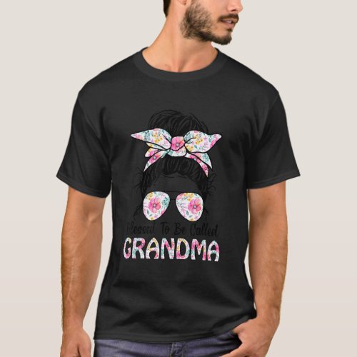 Blessed to be called Grandma Messy Bun Floral Moth T_Shirt
