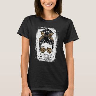 Blessed To Be Called Mom & Momma Messy Bun Leopard T-Shirt