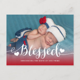 Blessed Twins   Red Valentine Birth Announcement Postcard