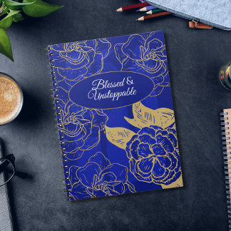 Blessed & Unstoppable Quote On Blue Vintage Floral Notebook
