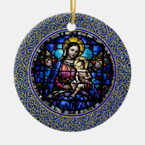 Blessed Virgin and Baby Jesus Stain Glass Look Ceramic Ornament