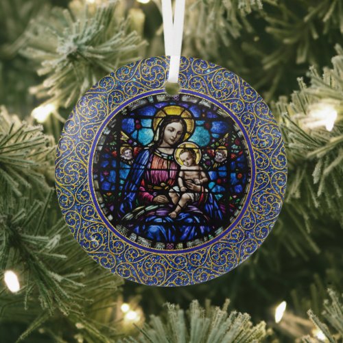 Blessed Virgin and Baby Jesus Stain Glass Look  Glass Ornament