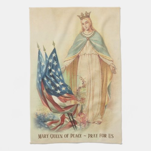 Blessed Virgin Mary American Flags Religious Kitchen Towel