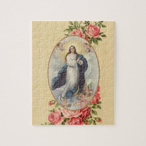 Blessed Virgin Mary Assumption Angels Pink Roses Jigsaw Puzzle