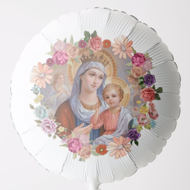 Blessed Virgin Mary Baby Jesus Catholic Flowers Balloon (Front)