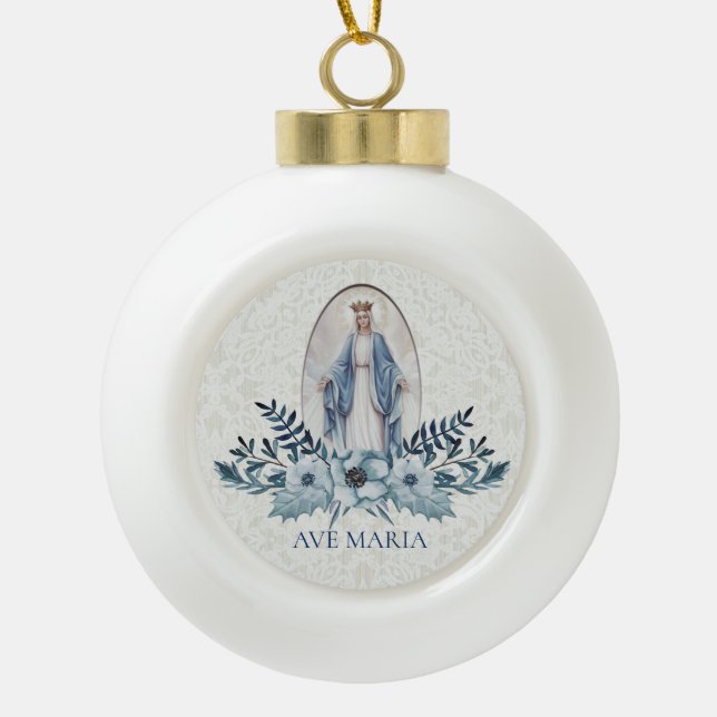 Blessed Virgin Mary Blue Flowers Lace Ceramic Ball Christmas Ornament (Front)
