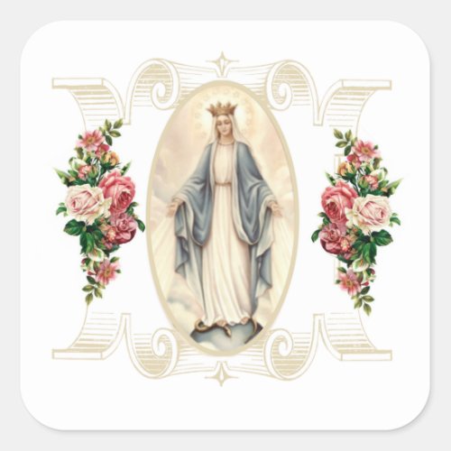 Blessed Virgin Mary Catholic Religious Floral Square Sticker