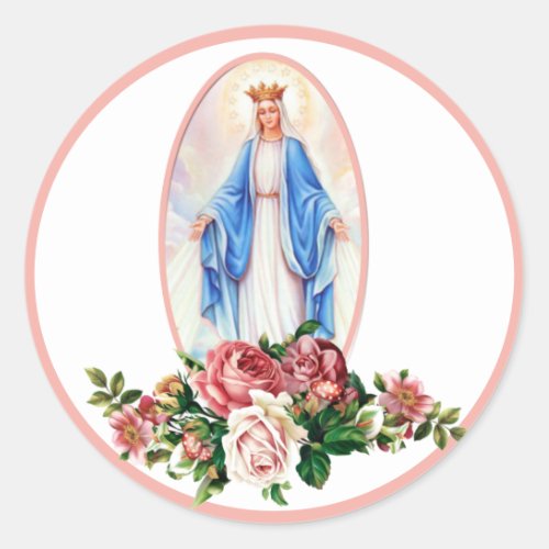 Blessed Virgin Mary Catholic Roses Religious Classic Round Sticker