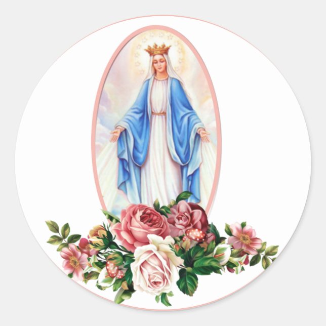 Blessed Virgin Mary Catholic Roses Religious Classic Round Sticker (Front)