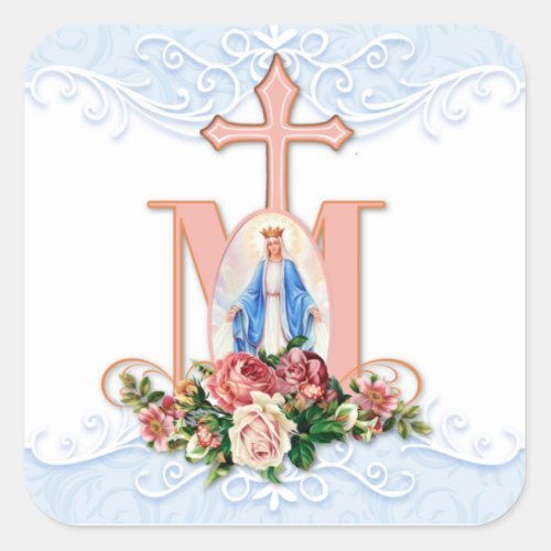Blessed Virgin Mary Catholic Roses Religious Square Sticker