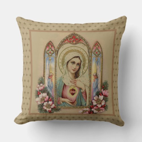 Blessed Virgin Mary Christmas Floral Angel Vintage Throw Pillow