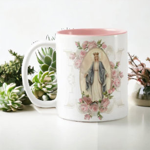Blessed Virgin Mary Flowers  Memorare Prayer Two-Tone Coffee Mug