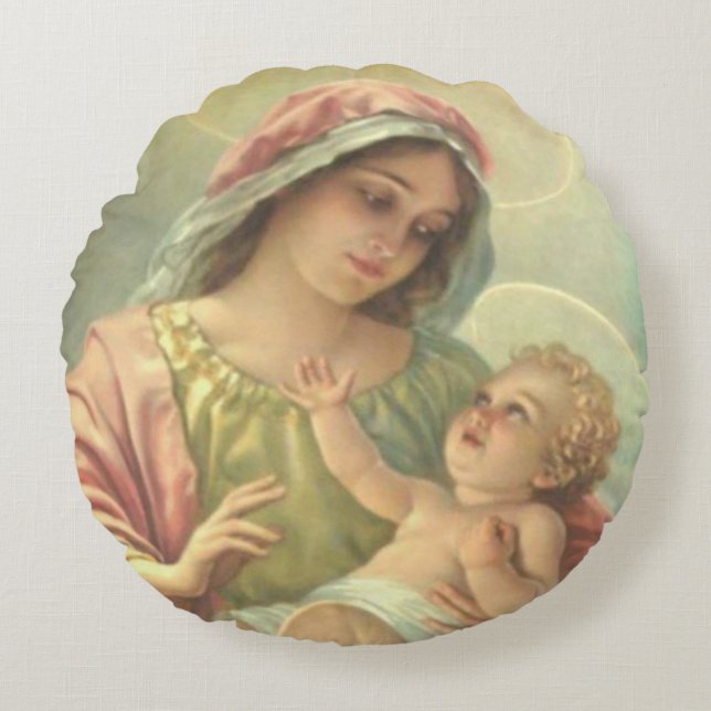 Blessed Virgin Mary holding the Baby Jesus Round Pillow (Front)
