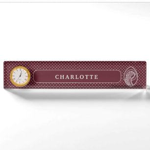 Blessed Virgin Mary in White Lace on Burgundy Desk Name Plate