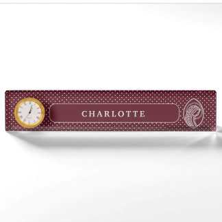 Blessed Virgin Mary in White Lace on Burgundy Desk Name Plate