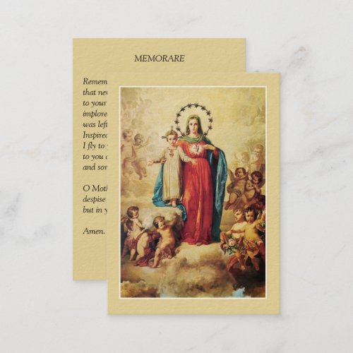 Blessed Virgin Mary Jesus Angels  Memorare Prayer Business Card