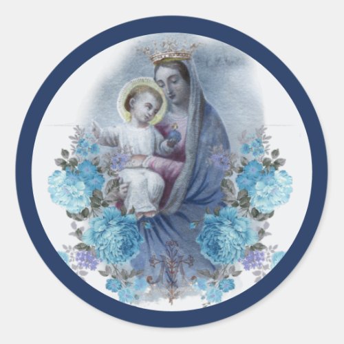 Blessed Virgin Mary Jesus Catholic Blue Floral Classic Round Sticker