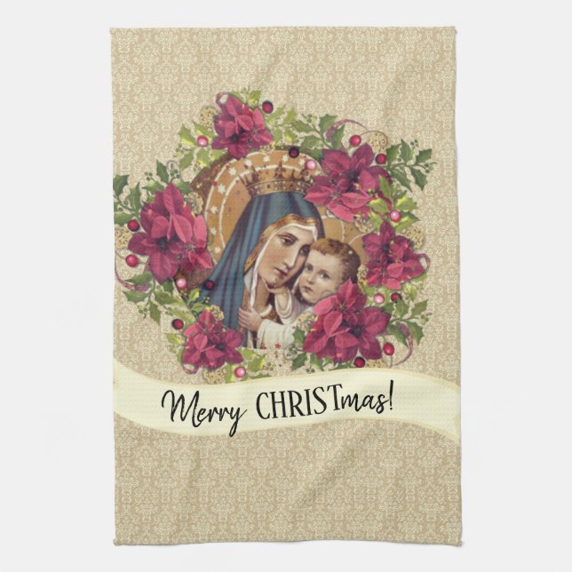 Blessed Virgin Mary Jesus Christmas Floral Kitchen Towel (Vertical)