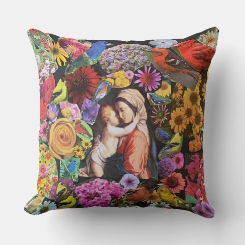 Blessed Virgin Mary Jesus Floral Vintage Throw Pillow