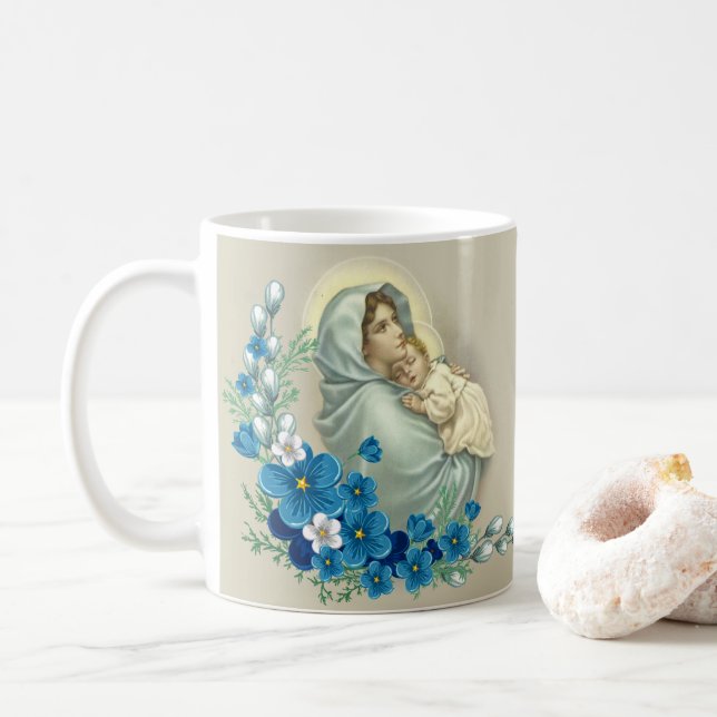 Blessed Virgin Mary Jesus Flowers Memorare Prayer Coffee Mug (With Donut)
