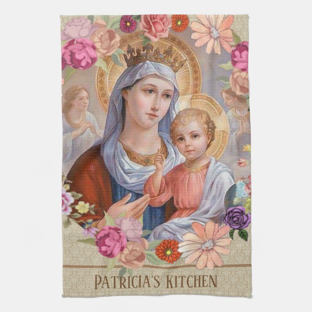 Blessed Virgin Mary Jesus  Roses Floral Religious Kitchen Towel (Vertical)