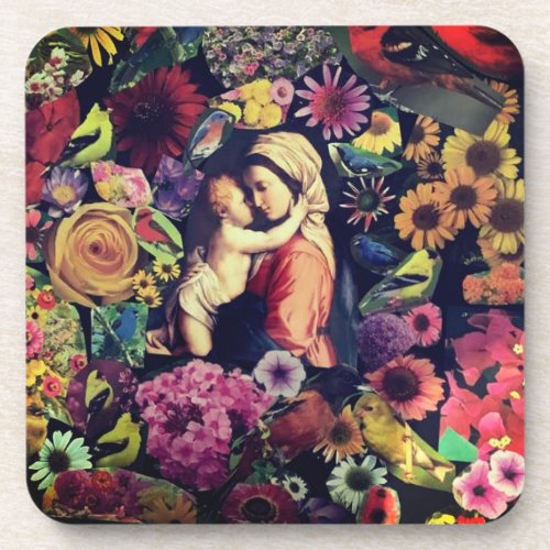 Blessed Virgin Mary Jesus Roses Flowers Religious Beverage Coaster