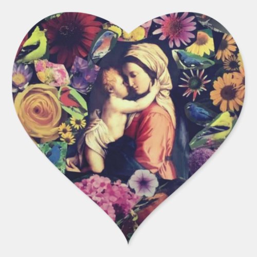 Blessed Virgin Mary Jesus Roses Flowers Religious Heart Sticker