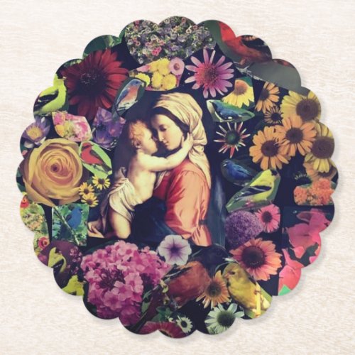 Blessed Virgin Mary Jesus Roses Flowers Religious Paper Coaster