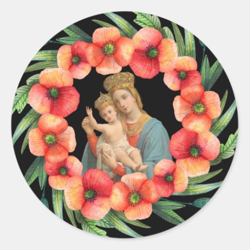 Blessed Virgin Mary Jesus Wreath Flowers Religious Classic Round Sticker