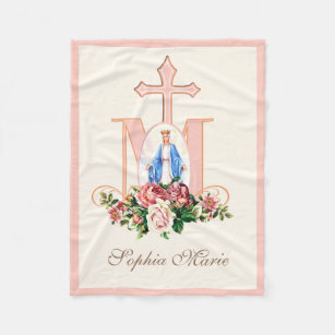 Blessed Virgin Mary Marian Cross Roses Religious Fleece Blanket