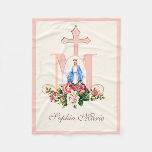 Blessed Virgin Mary Marian Cross Roses Religious Fleece Blanket