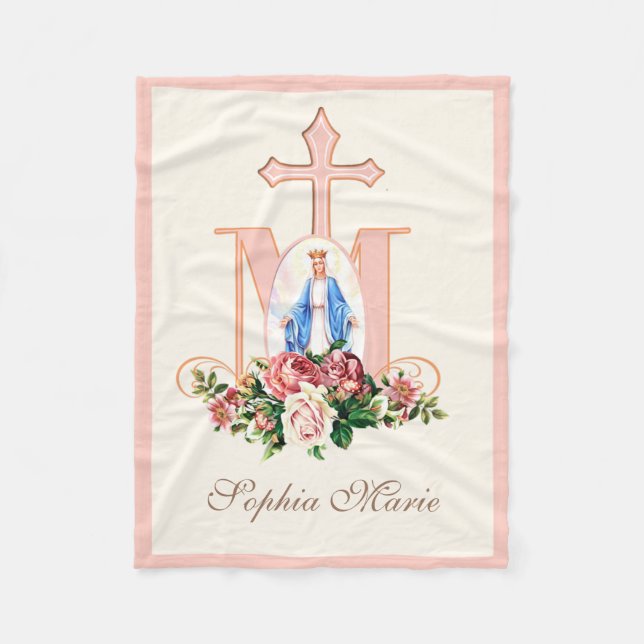 Blessed Virgin Mary Marian Cross Roses Religious Fleece Blanket (Front)