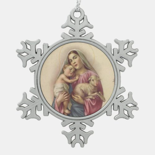 Blessed Virgin Mary Mother Baby Jesus  Lamb Snowflake Pewter Christmas Ornament