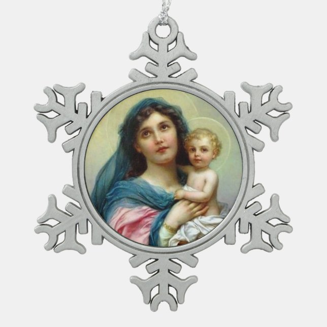 Blessed Virgin Mary Mother Baby Jesus Snowflake Pewter Christmas Ornament (Front)