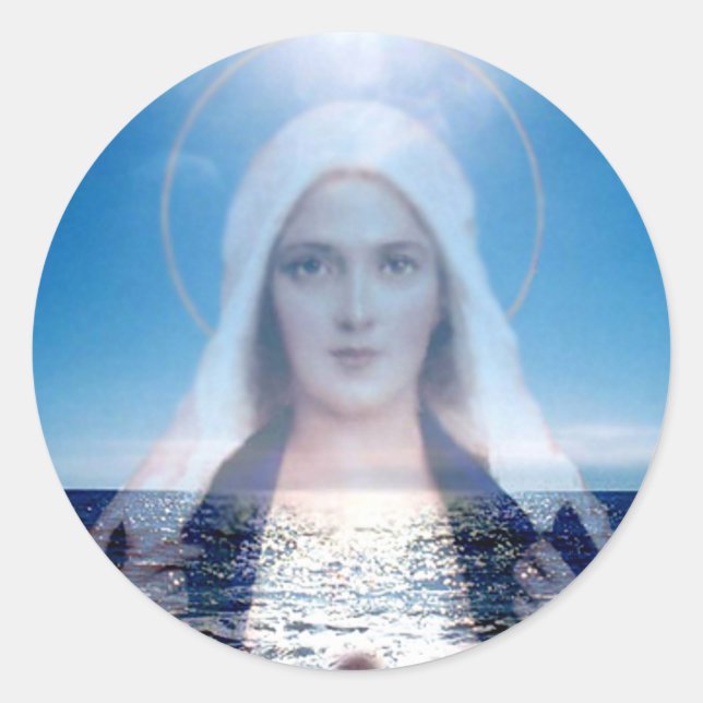 Blessed Virgin Mary Over the Ocean Classic Round Sticker (Front)