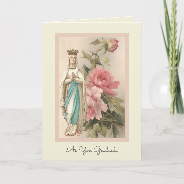Blessed Virgin Mary Pastel Roses Graduation Card (Front)