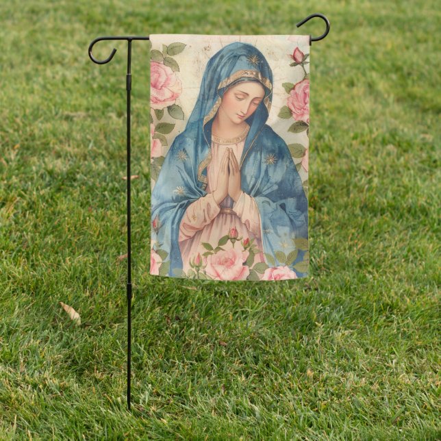 BLESSED VIRGIN MARY PINK ROSES FLORAL RELIGIOUS GARDEN FLAG (In SItu)