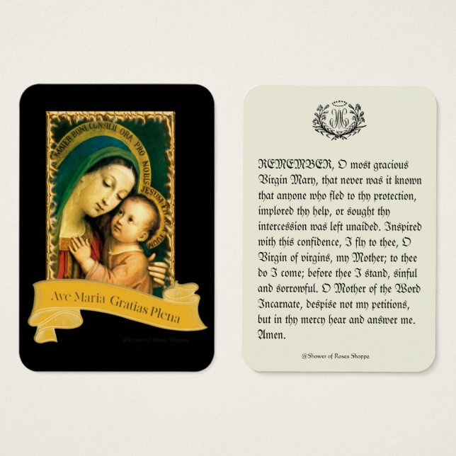 Blessed Virgin Mary Prayer Memorare Holy Card (Front & Back)