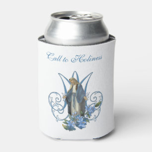 Blessed Virgin Mary Religious Catholic Blue Floral Can Cooler