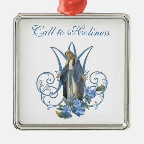 Blessed Virgin Mary Religious Catholic Blue Floral Metal Ornament